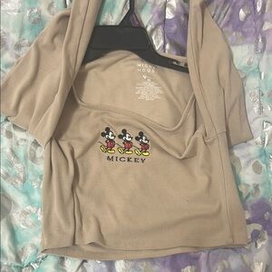 Disney Tan Long Sleeve Tee with Mickey Mouse Design